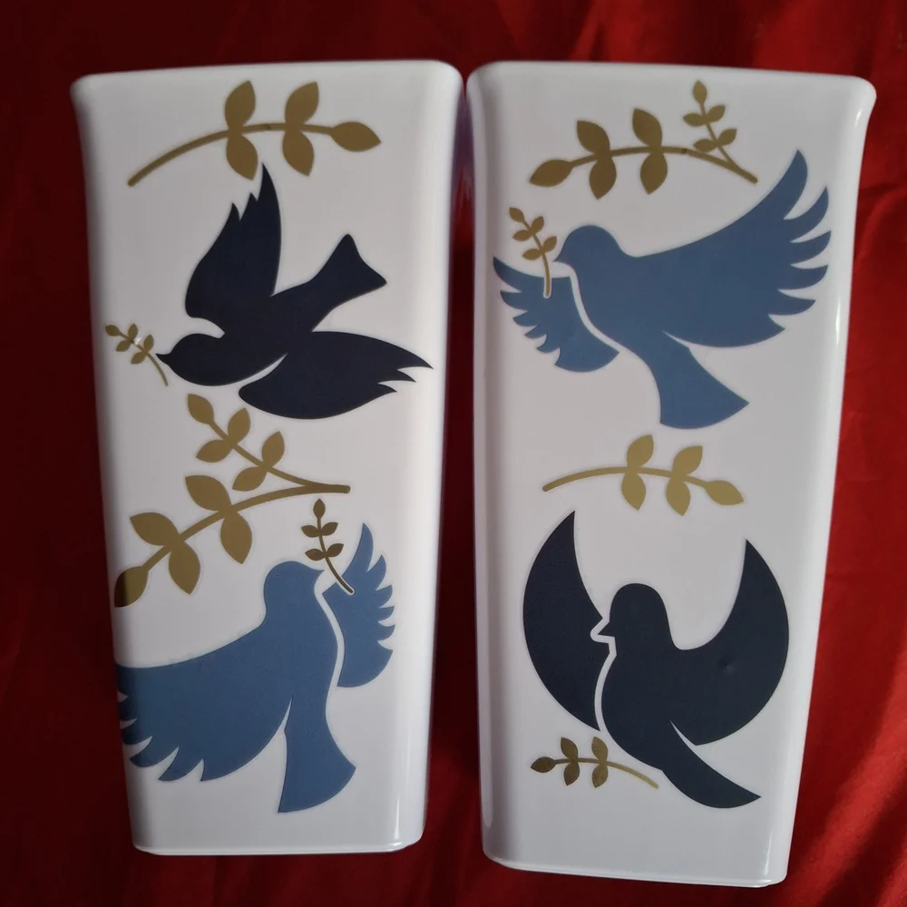 White Vases with Blue and Gold Bird Design